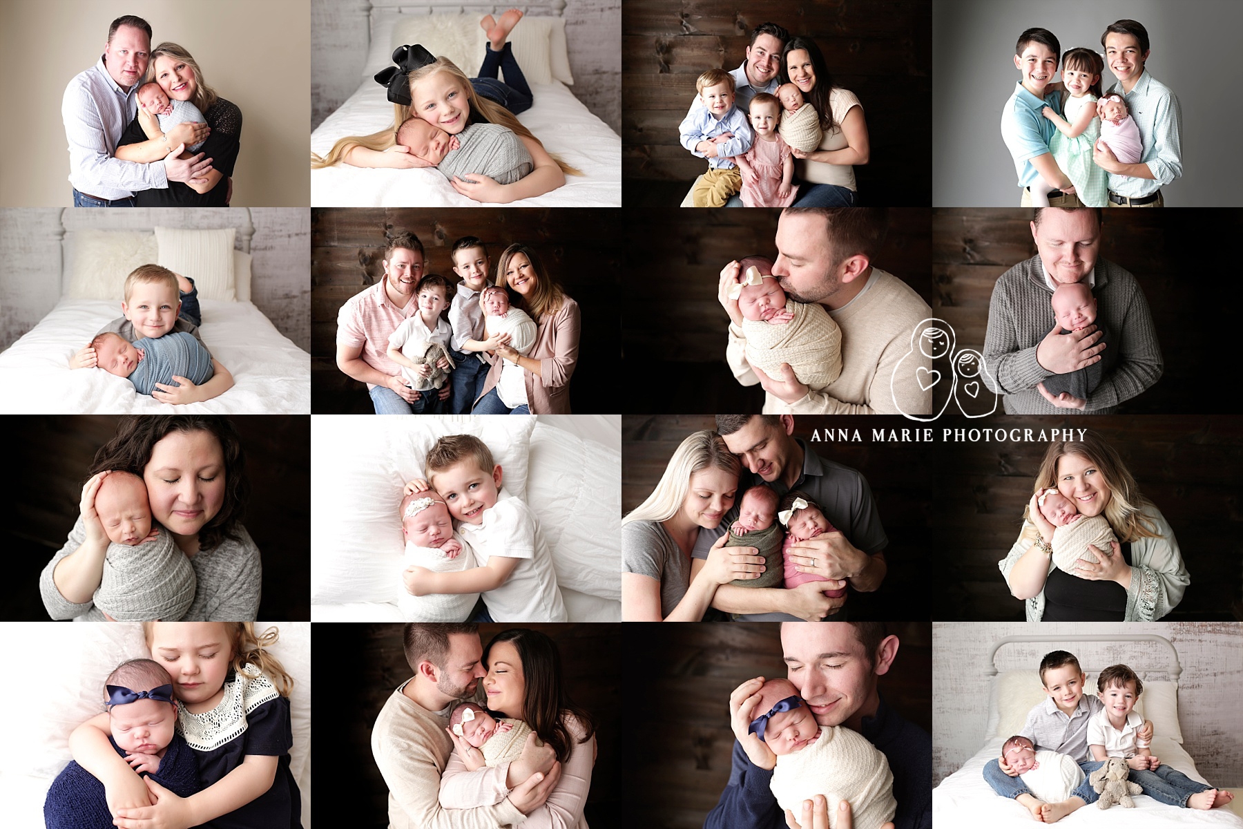 Collage of newborn babies and their families