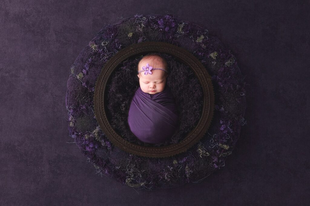 Baby girl wrapped in purple surrounded by a purple floral wreath
