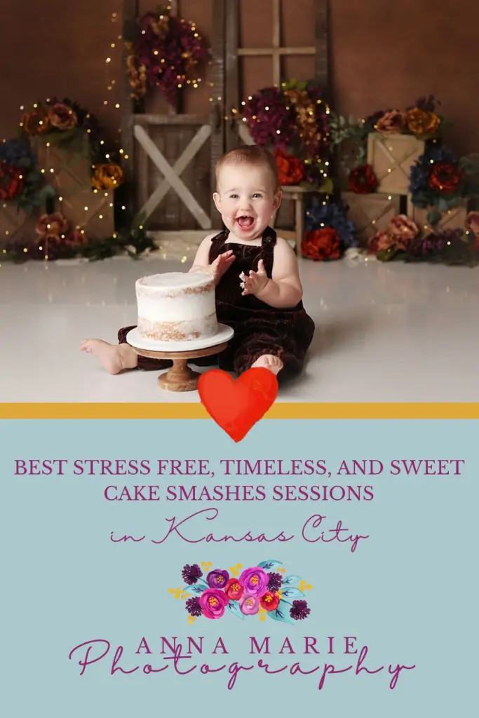 Pinterest pin for blog post Best Cake Smash Sessions in Kansas City featuring baby girl in fall floral themed cake smash with custom set and cake