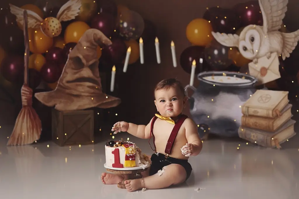 Harry Potter themed first birthday cake smash session in Kansas City studio