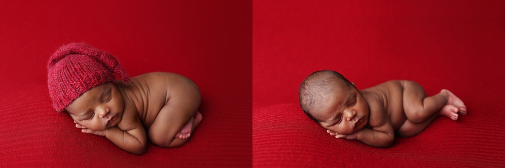 Baby boy wrapped in deep red fabric during professional newborn portraits in Kansas City