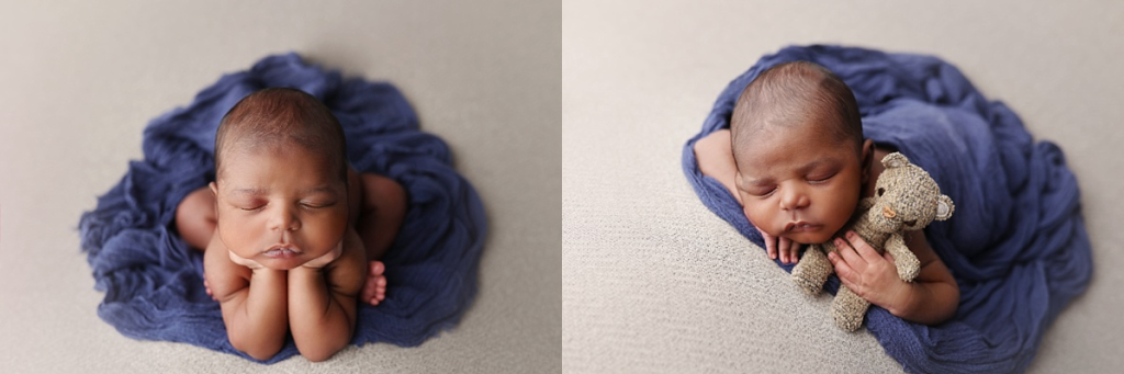 Sleeping newborn boy under soft blue wraps in cozy Kansas City newborn session