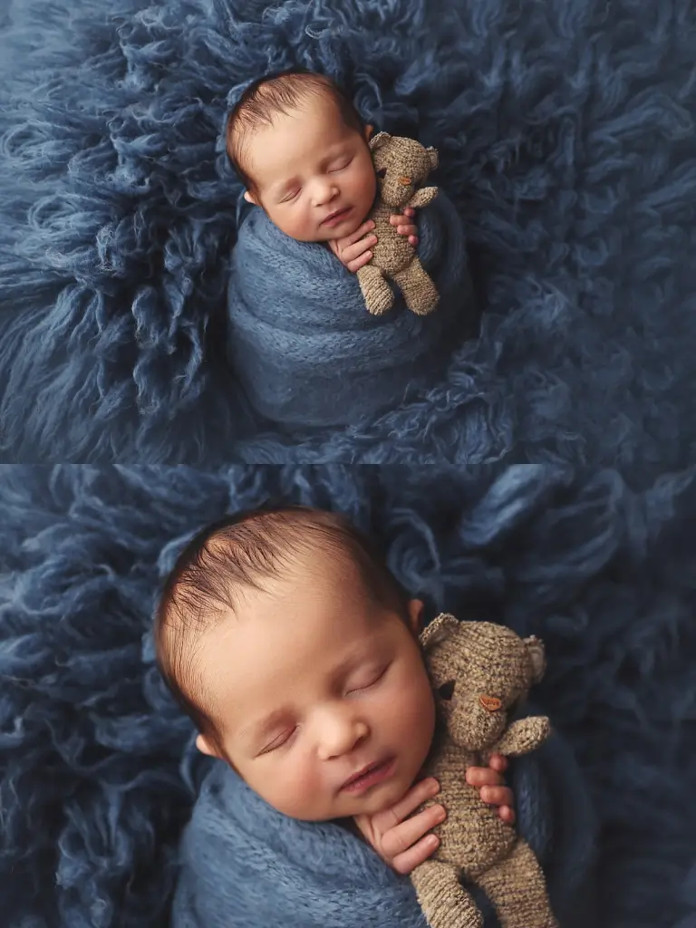 Newborn baby boy swaddled in blue wrap in Kansas City newborn photography studio