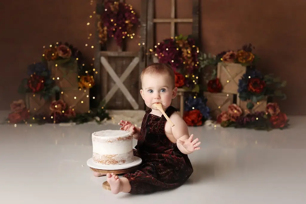 Professional cake smash portraits of baby girl with themed birthday cake