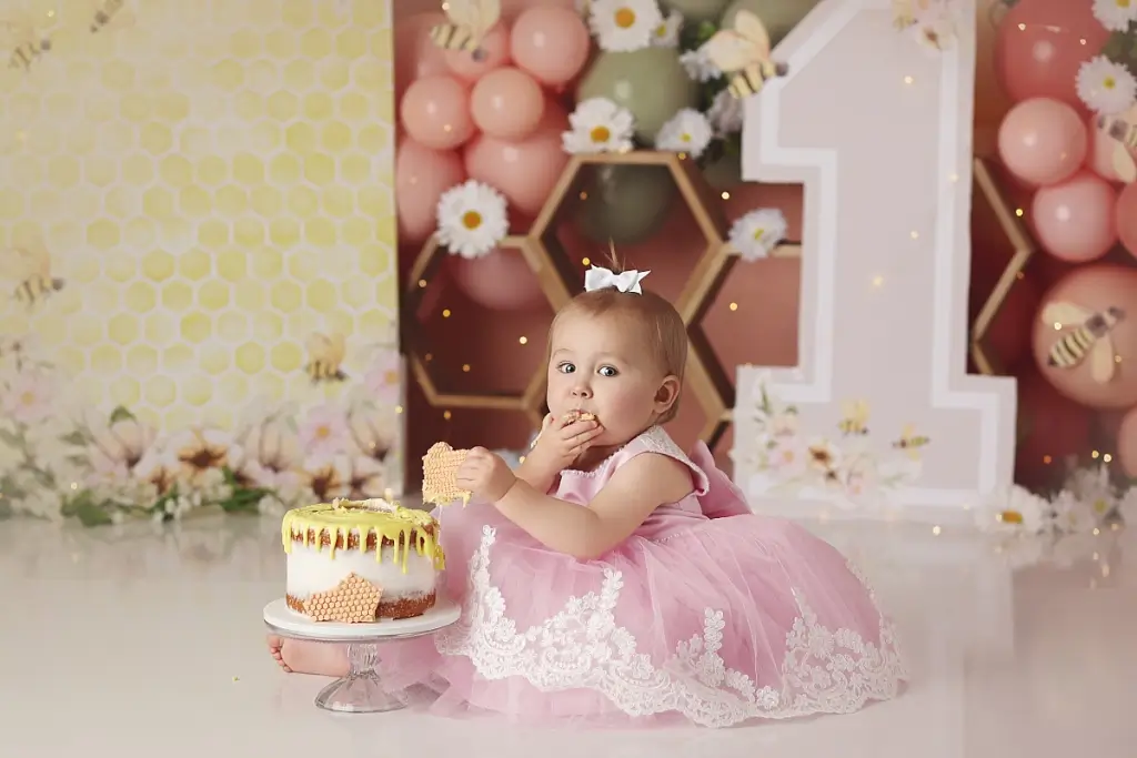 First birthday cake smash portraits with honeybee set design at Anna Marie Photography