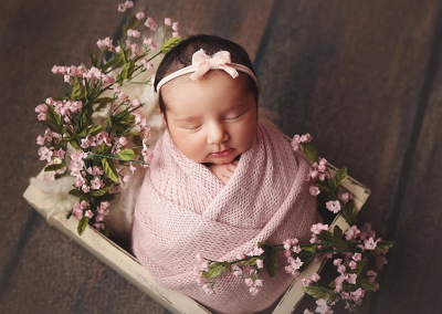 Kansas City Newborn Session with baby girl wrapped in pink and nestled in tiny pink flowers.