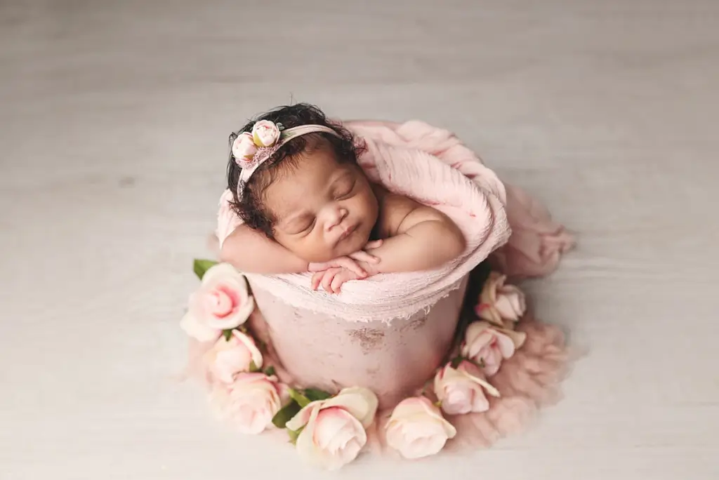 Baby girl posed with pink roses in styled newborn photography session in Kansas City studio