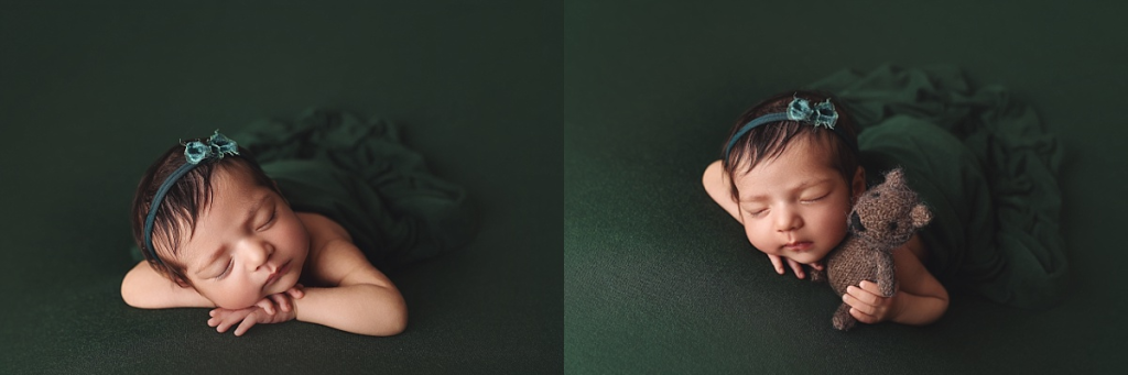 Luxury newborn portraits of baby girl posed on green fabric in Kansas City studio
