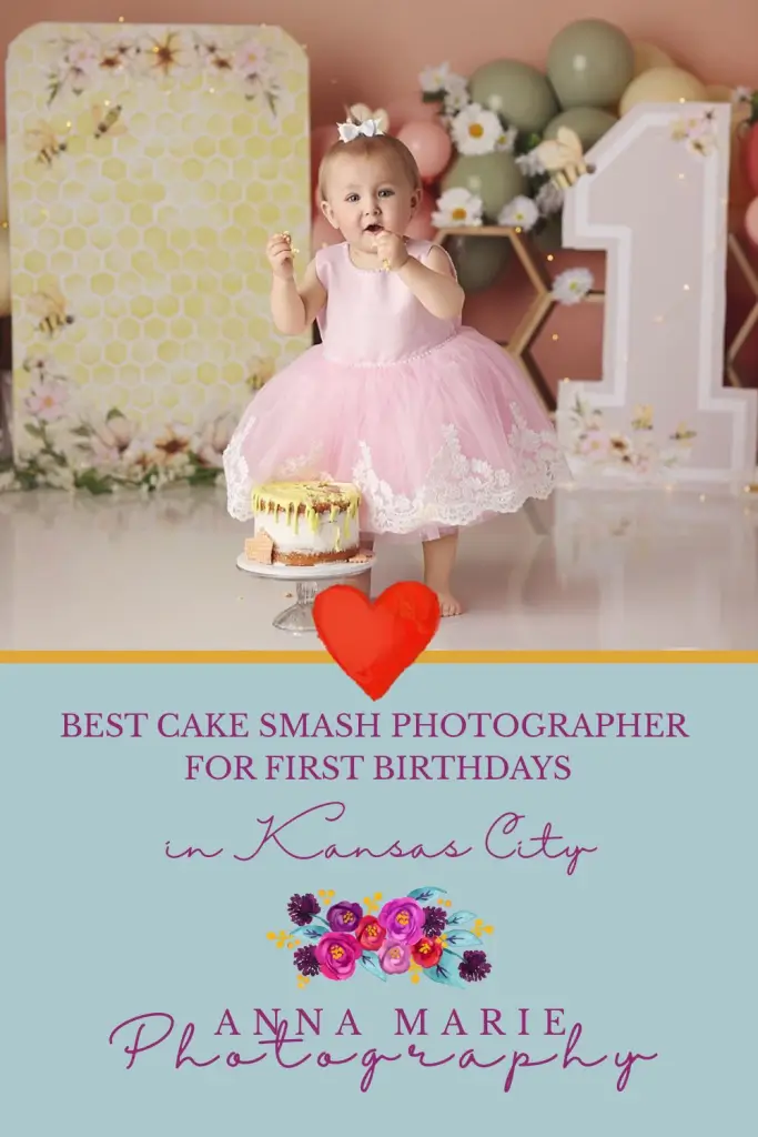 Pinterest graphic for blog post Best Cake Smash Photographer in Kansas City for First Birthdays by Anna Marie Photography