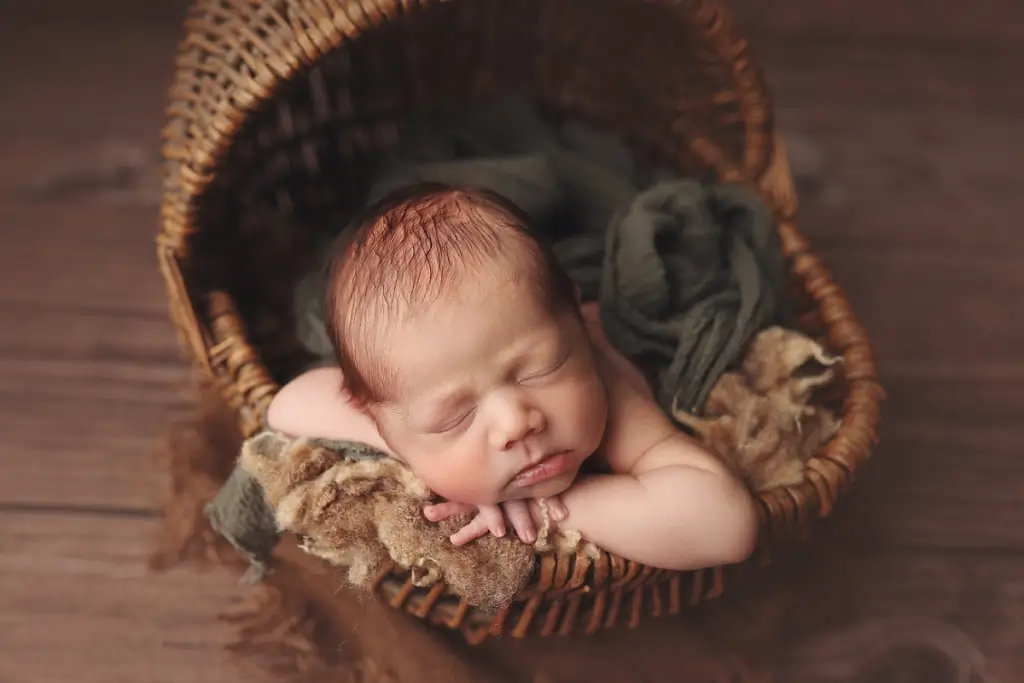 Newborn baby boy posed in wicker basket during Kansas City newborn photography session