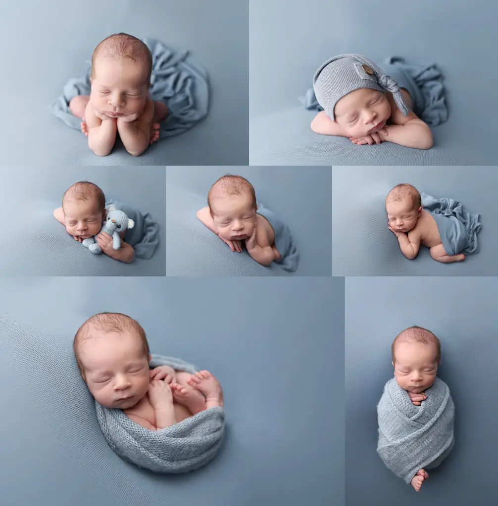 Collage of newborn baby boy posed on light blue fabric during cozy Kansas City newborn portraits