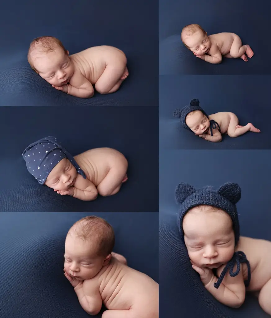 Collage of newborn baby boy posed on navy blue fabric at Anna Marie Photography studio