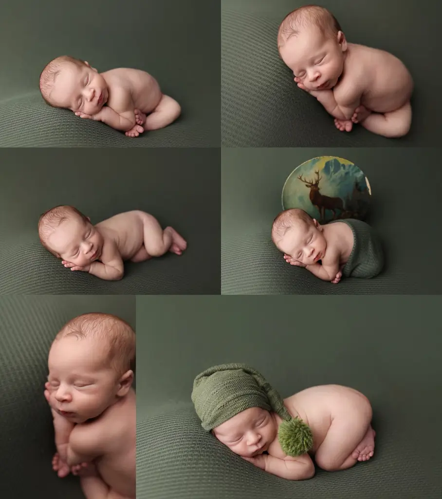 Collage of newborn baby boy posed on dark green fabric during professional newborn session
