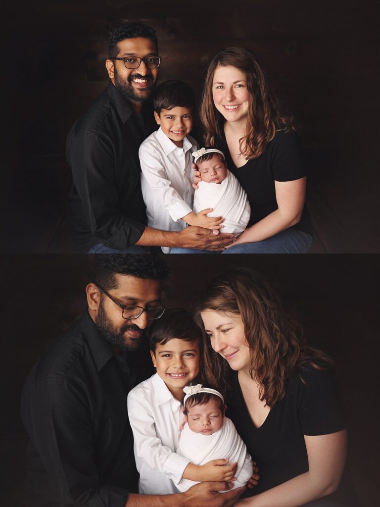 Kansas City family portraits with newborn baby girl, brother, mom, and dad