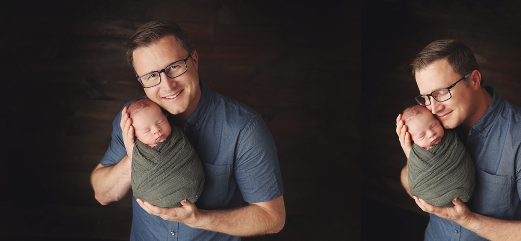 Father cradling newborn baby boy in timeless Kansas City newborn portraits