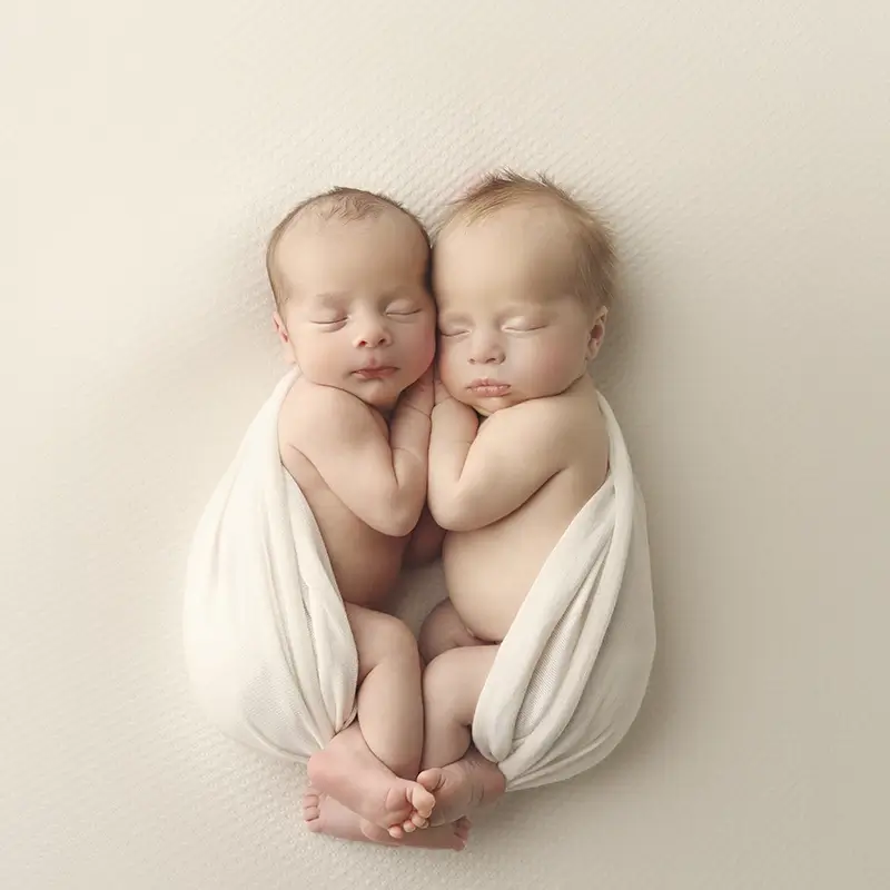kansas-city-newborn-photo Kansas City newborn photography of twin babies wrapped together in a soft white wrap