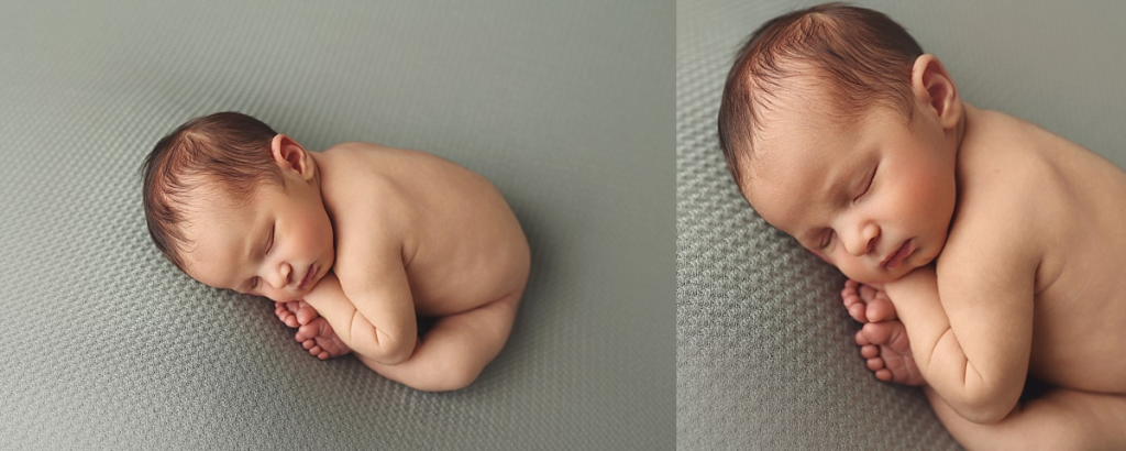 Newborn boy lying on textured blanket during stress-free newborn photo experience in Kansas City