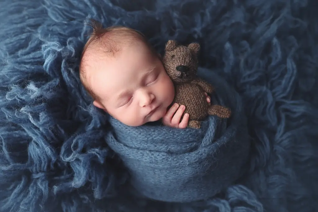 Newborn baby boy snuggled with teddy bear during professional newborn portraits