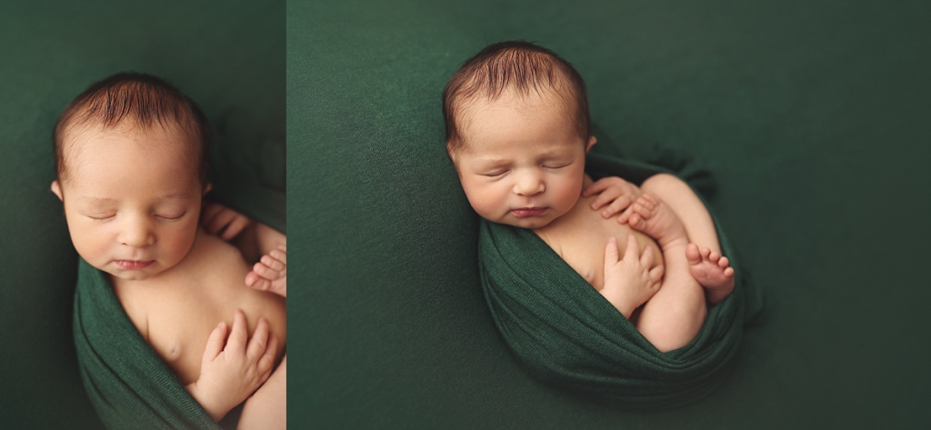 Newborn boy swaddled in soft green blanket during Kansas City professional newborn portraits