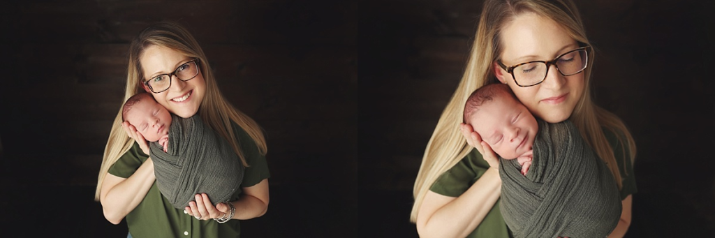 Mother holding newborn baby boy during stress-free newborn photography experience in Kansas City