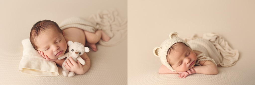Newborn baby boy swaddled in neutral wrap in Kansas City newborn photography studio