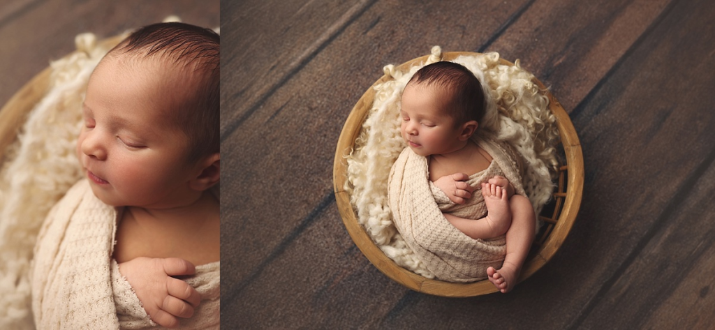 Baby boy posed in basket with cozy blankets at Kansas City newborn studio