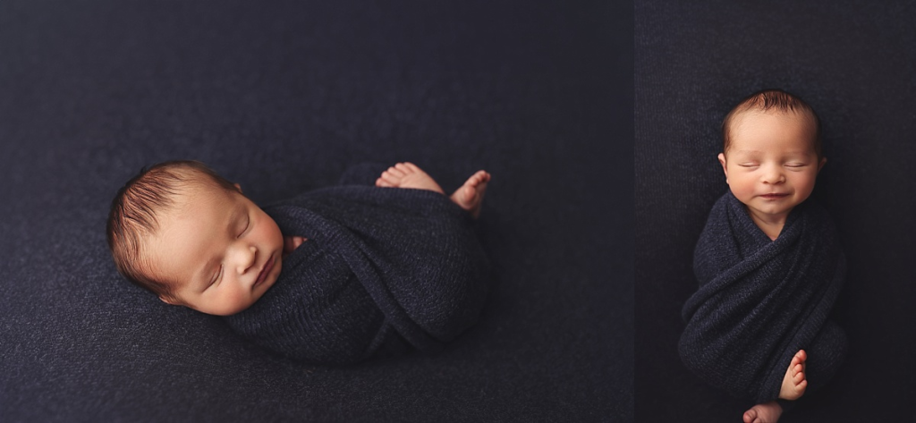 Newborn baby boy swaddled in neutral wrap in Kansas City newborn photography studio