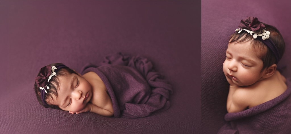 Newborn girl with tiny hands folded during Kansas City photography session