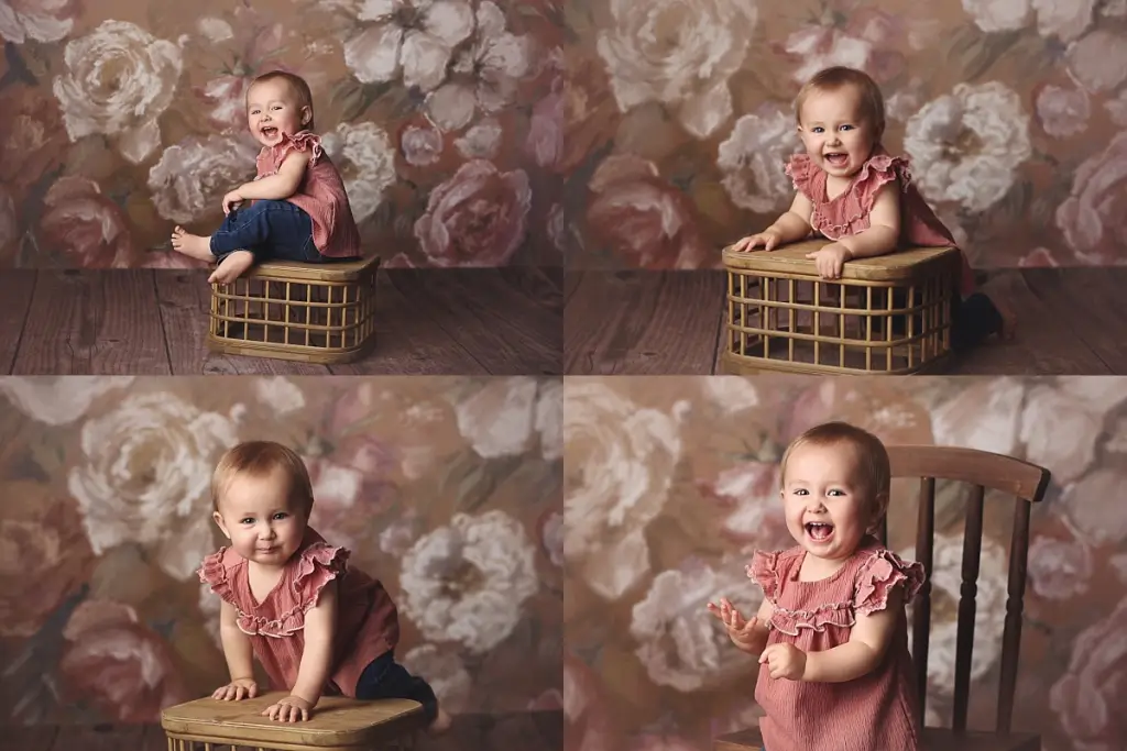 Professional milestone portrait of one-year-old in cozy Kansas City photography studio