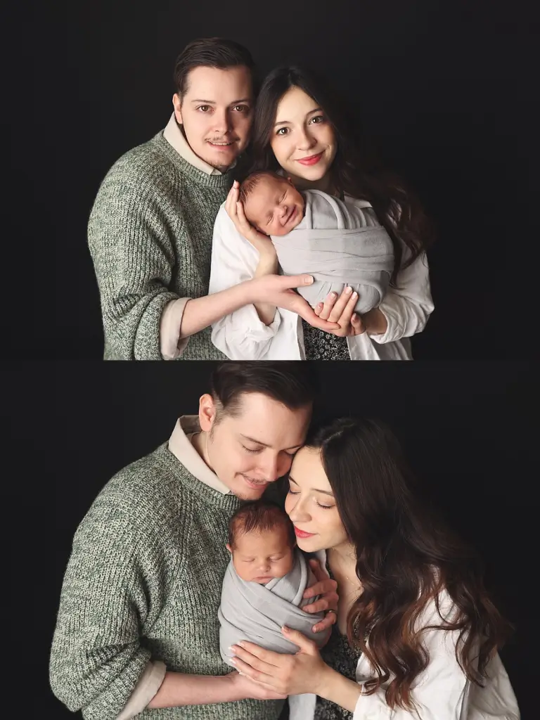 Parents holding newborn baby boy during cozy Kansas City photography session