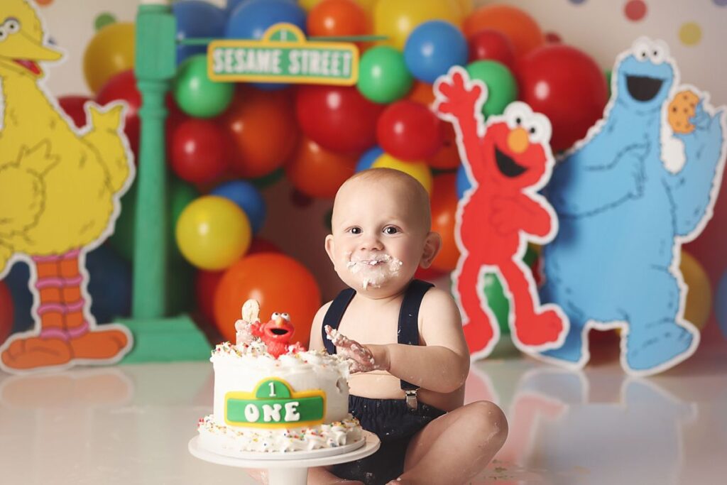 sesame street themed cake smash for one year old boy at kansas city photography studio