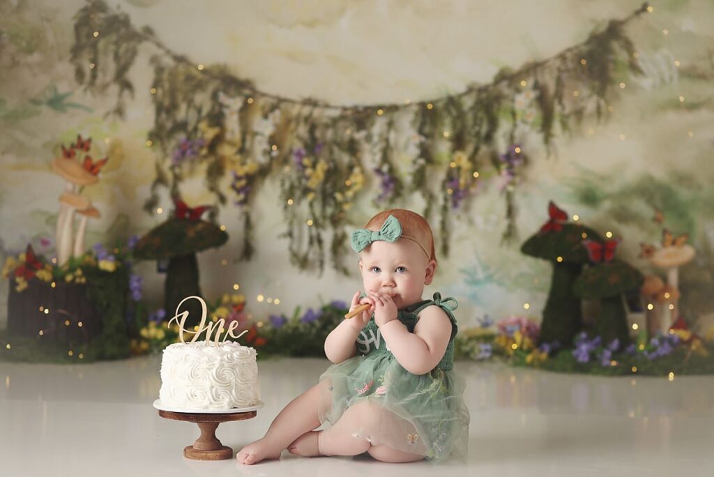 woodland fairy themed cake smash for one year old girl in kansas city photography studio