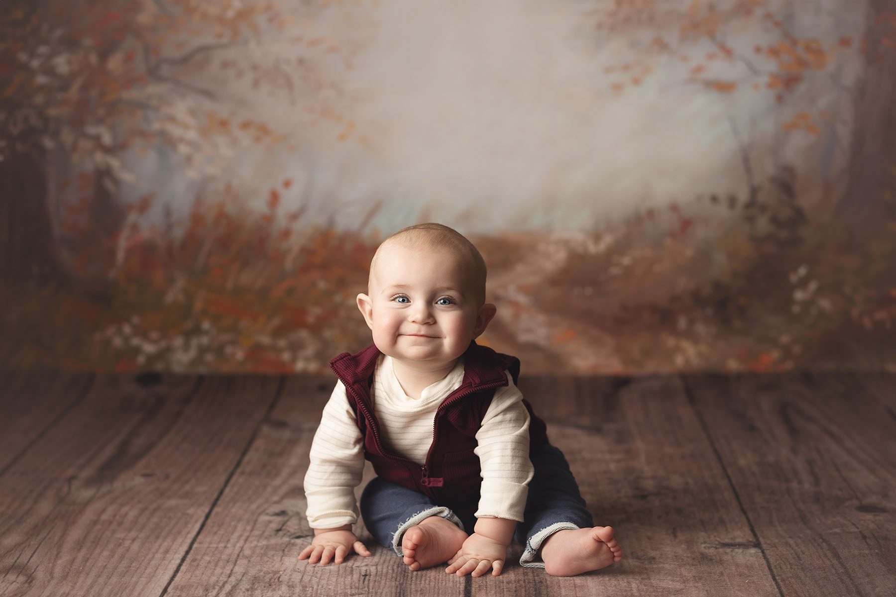 Kansas City baby milestone photography studio session with smiling baby boy