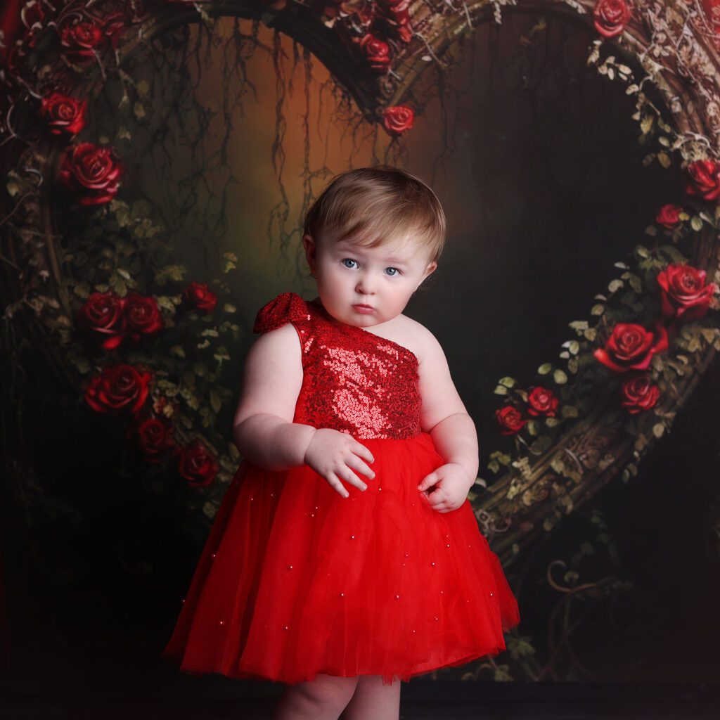 Little girl standing in front of a floral wreath wearing a tulle dress