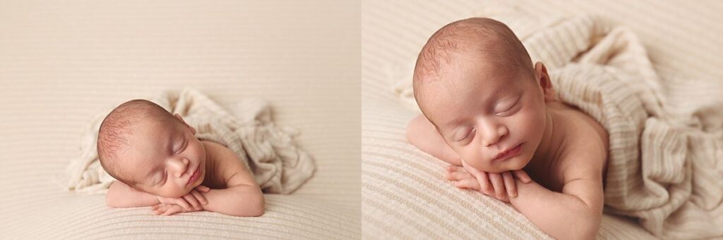 Baby boy newborn portrait on a cream textured blanket during a neutral newborn photography session near Lee's Summit