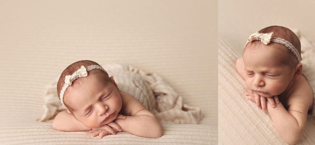 Baby girl newborn portrait on a cream textured blanket during a neutral studio newborn session near Lee's Summit