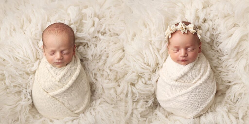 Wrapped newborn twins posed together on white fur during a neutral twin newborn session near Lee's Summit